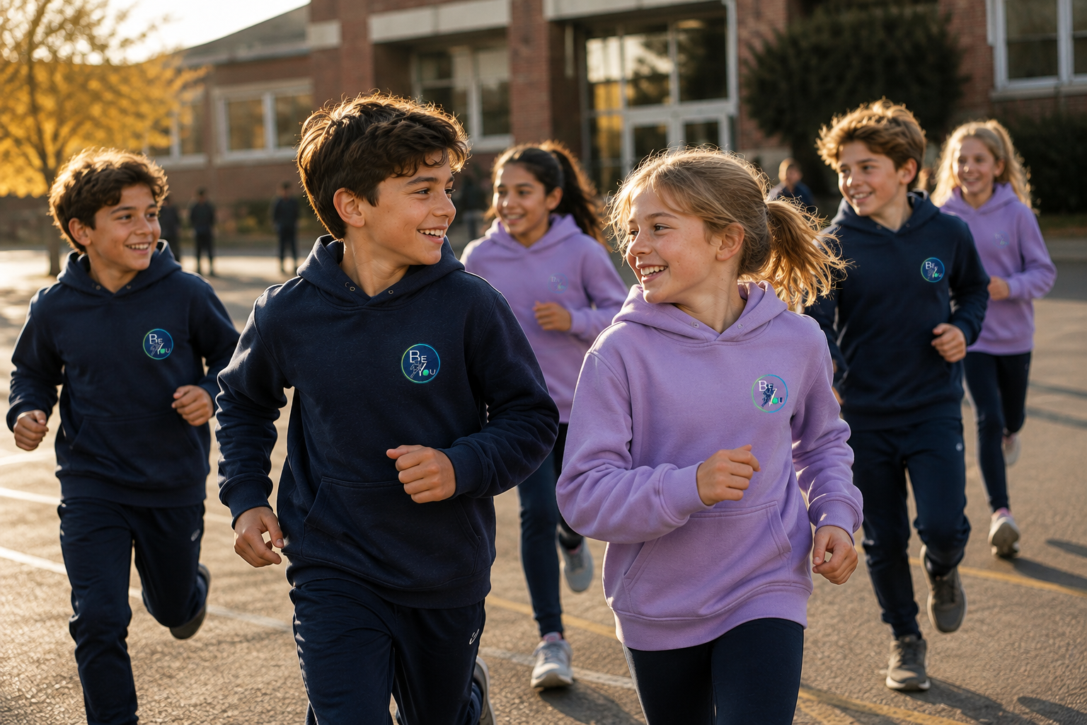 Kinder laufen gemeinsam über den Schulhof in BeYou Hoodies