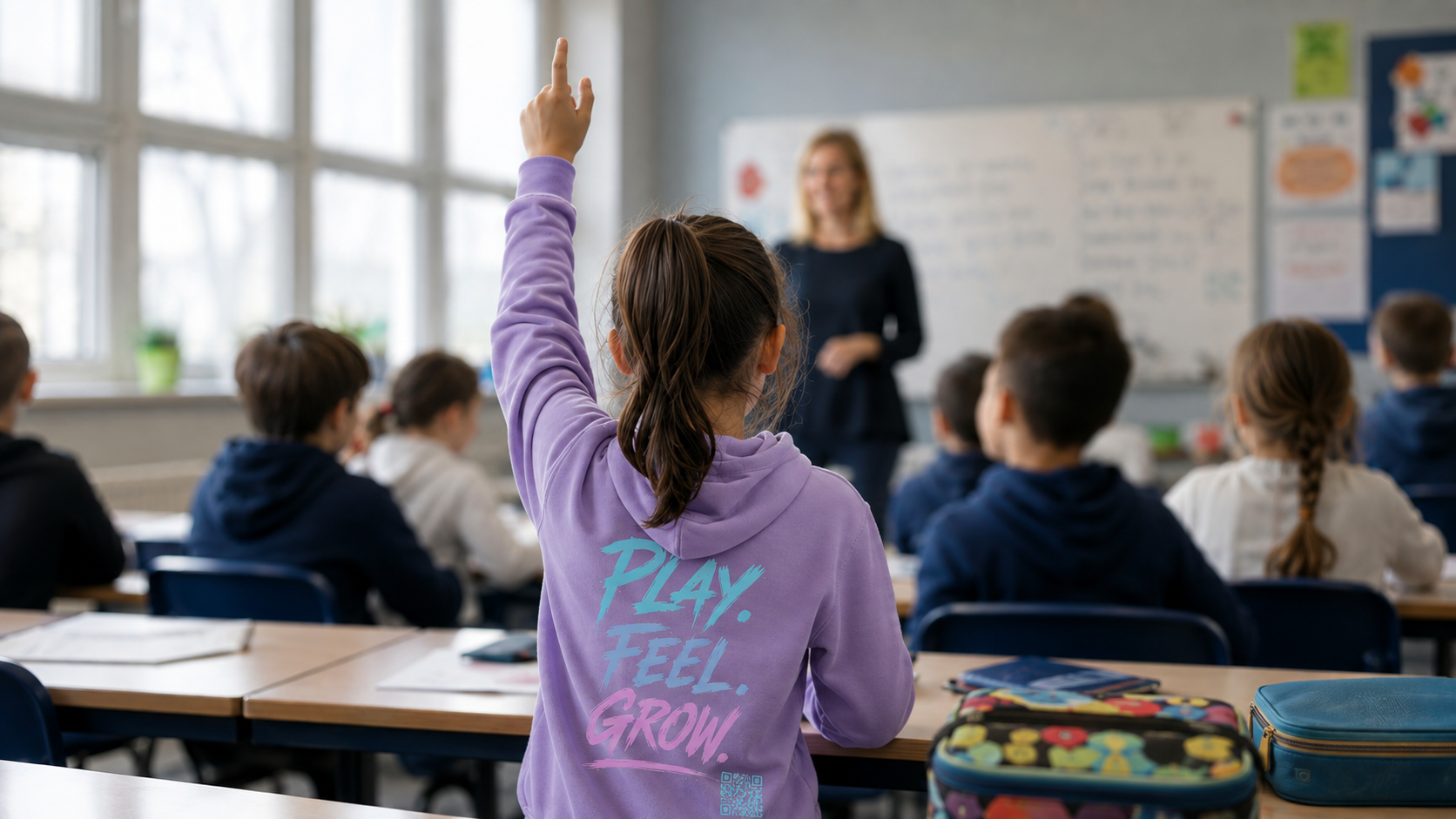 Schülerin meldet sich im Unterricht, BeYou Hoodie mit Print Play. Feel. Grow.