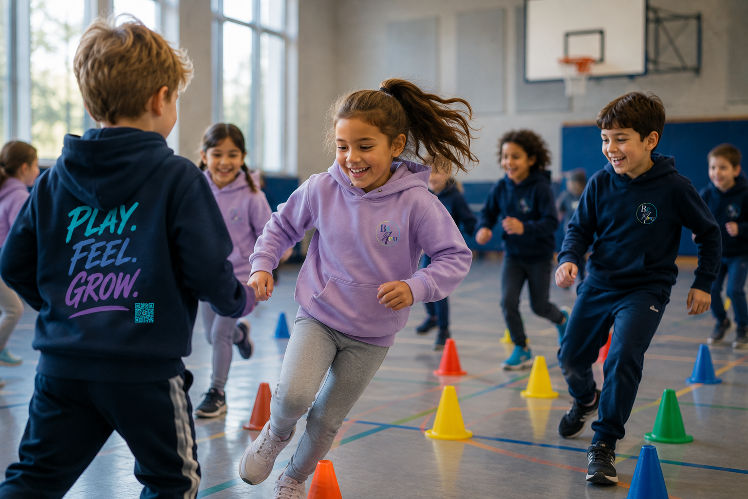 Kinder in Bewegung in der Sporthalle bei einer BeYou Übung