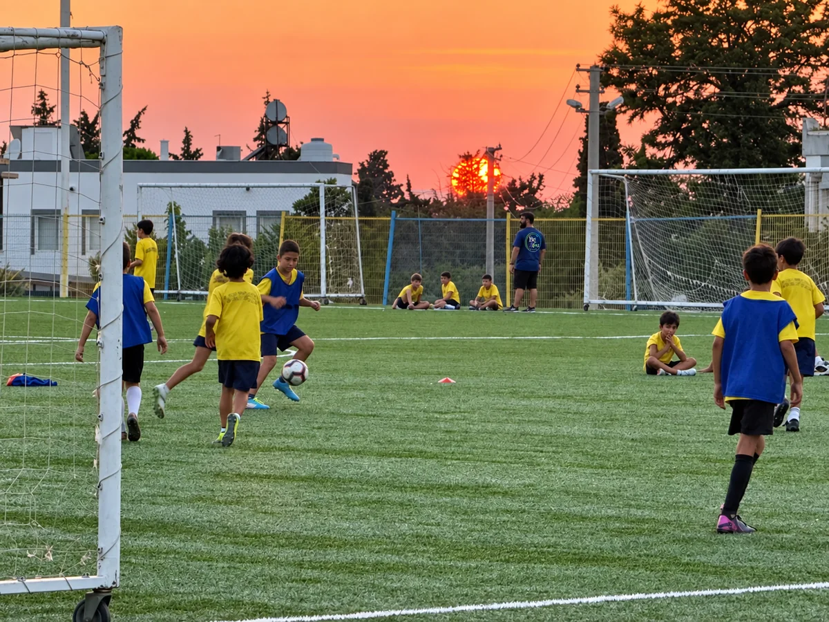 Kinder spielen in kleinen Gruppen Fußball auf mehreren überschaubaren Spielfeldern