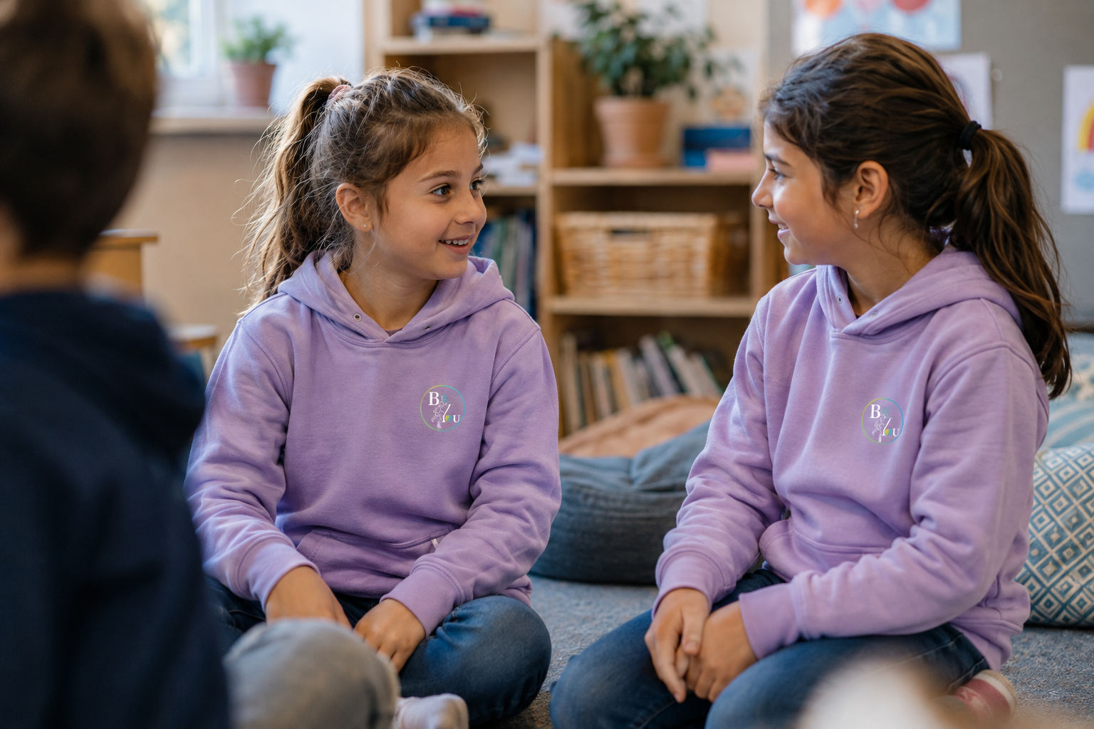 Zwei Mädchen im ruhigen Gespräch im Klassenzimmer