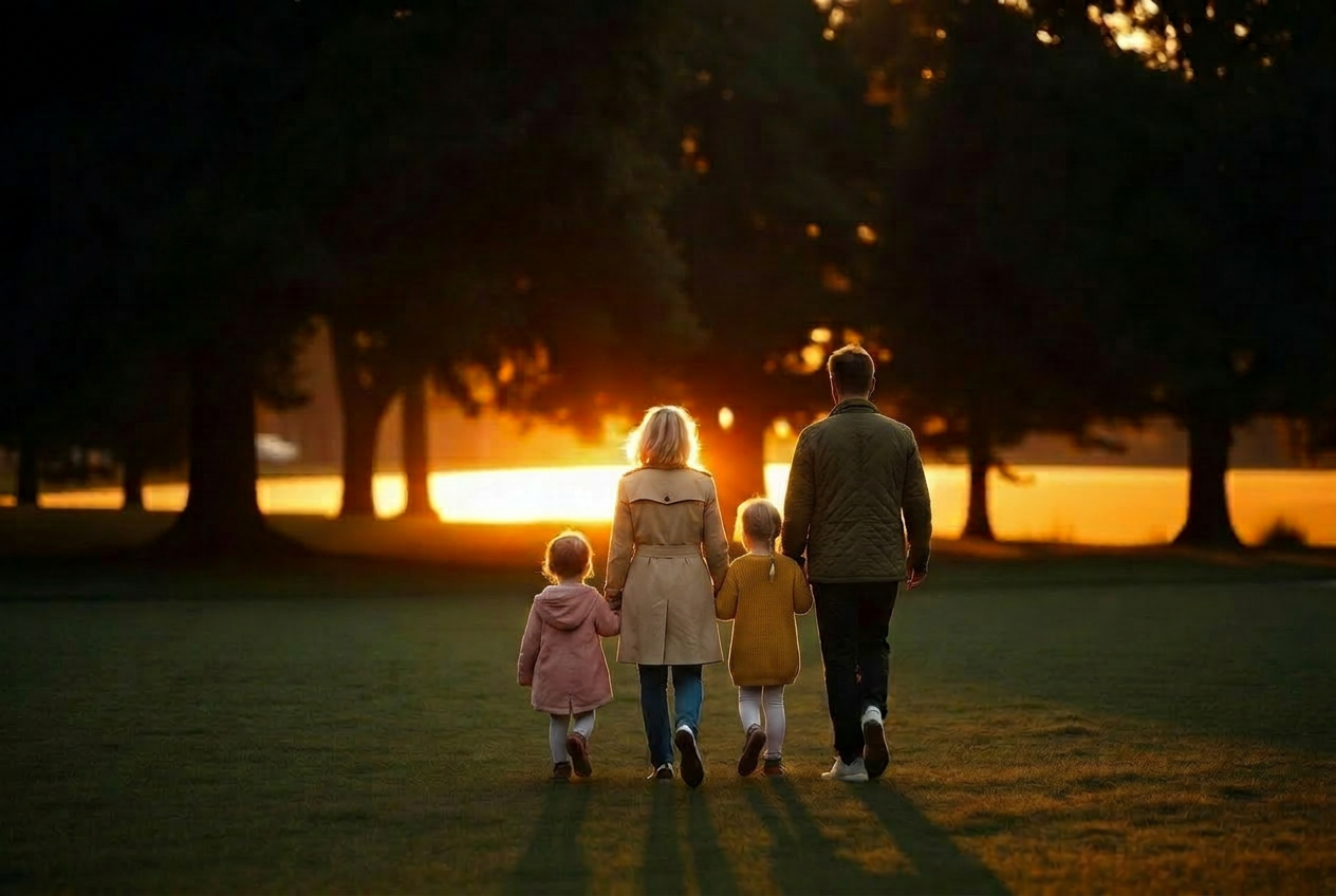 Familie spaziert gemeinsam im Sonnenuntergang