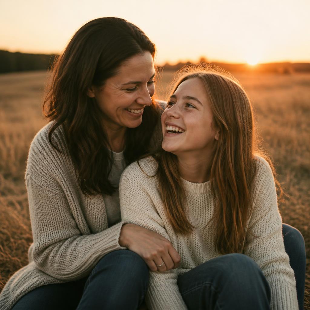 Mutter und Tochter lachen gemeinsam bei Sonnenuntergang