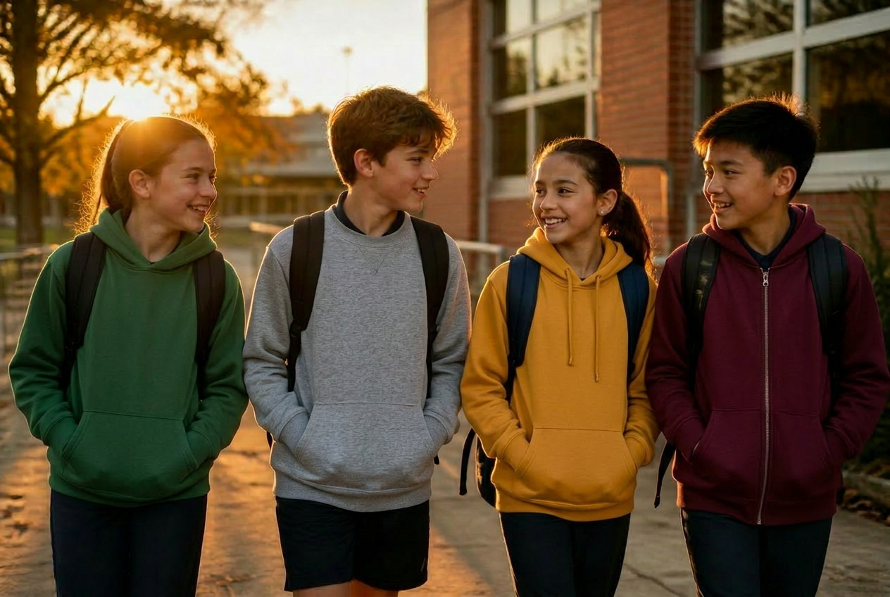 Schülerinnen und Schüler in Navy-Hoodies vor dem Schulgebäude bei Sonnenuntergang