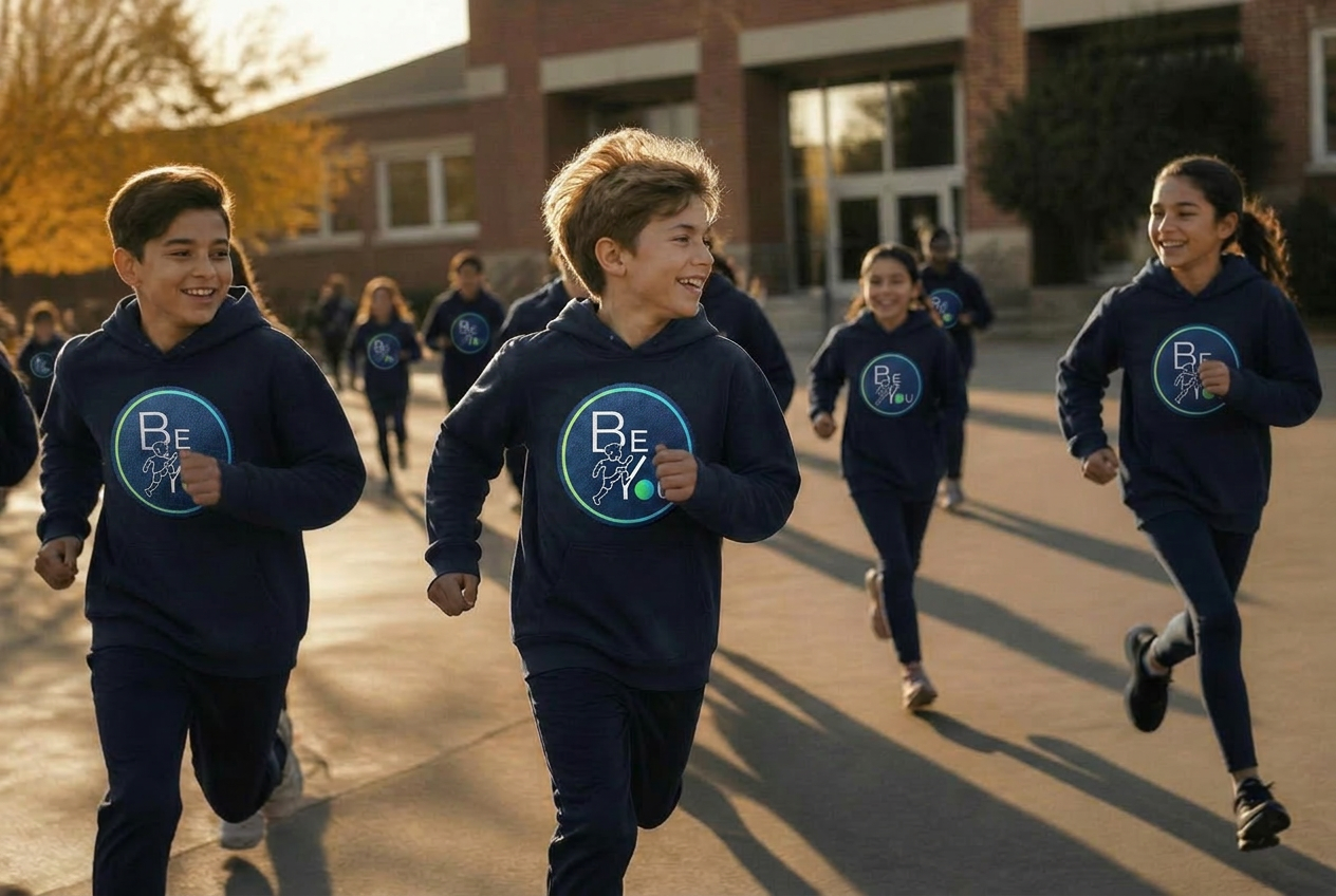 Kinder in Navy-Hoodies laufen auf dem Schulhof